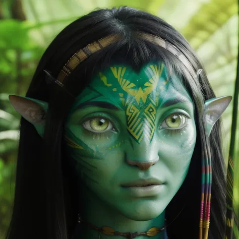 avatar style, (face portrait:1.6), naavi, 1girl, female, (silver eyes), (big eyes), ((eyebrowless)), pointy ears, (forest green ...