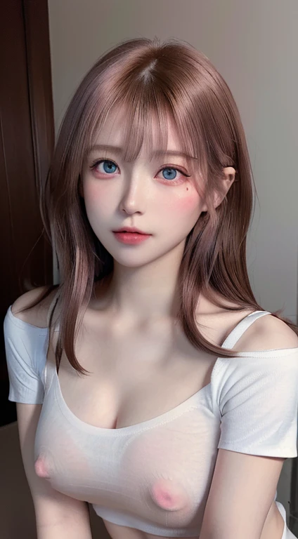 1 female,　28-year-old woman、Pink Hair, Blunt bangs, Hair behind the ear, Hair that falls over the shoulders, Long Hair, Ultra Fine Face, Embarrassed expression、Thin face, Sharp contours、Delicate lips, (Beautiful Eyes:1.5), Lightly reddish, (The eye color i...