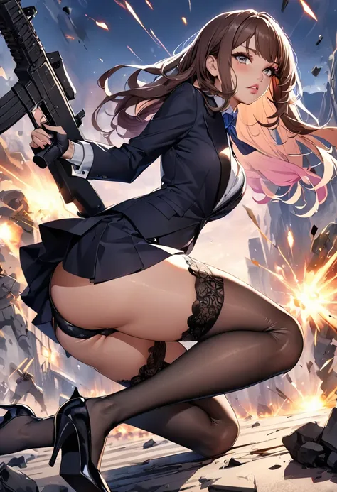 masterpiece、highest quality、Ultra-high resolution、Maximum resolution、Very detailed、Professional Lighting、anime、woman、thin、so beautiful、Sexy Suit、Mini tight skirt、Garter Stockings、High heels，Has an assault rifle、Grey Eyes、Brown Hair、long hair、Fingerless Glo...