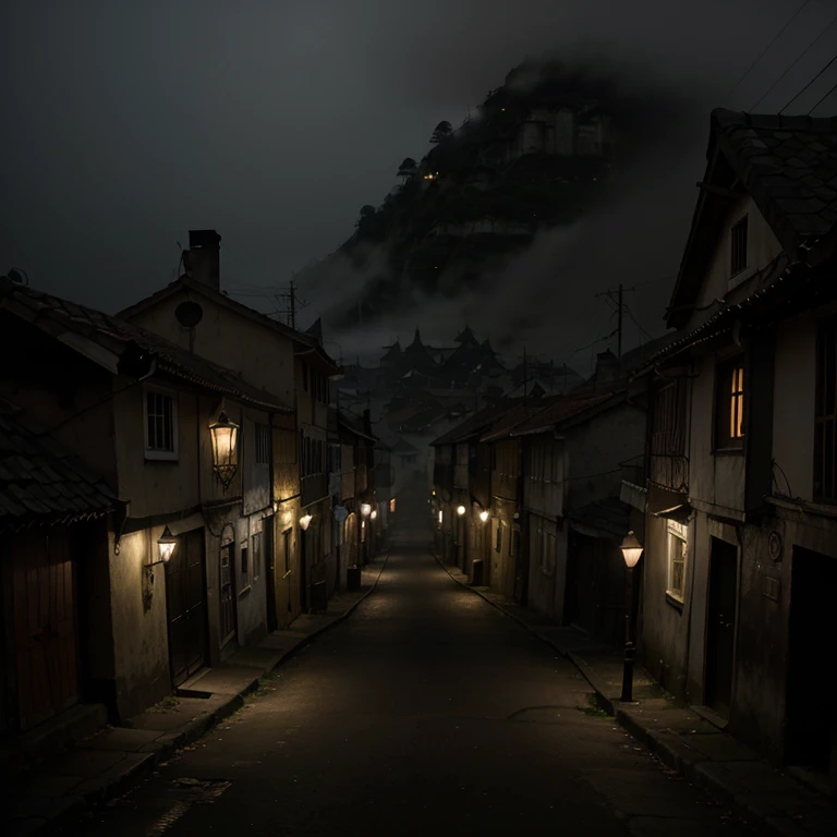 very dark village with dense and macabre fog, onde no solo tem uma sombra de 5 homens