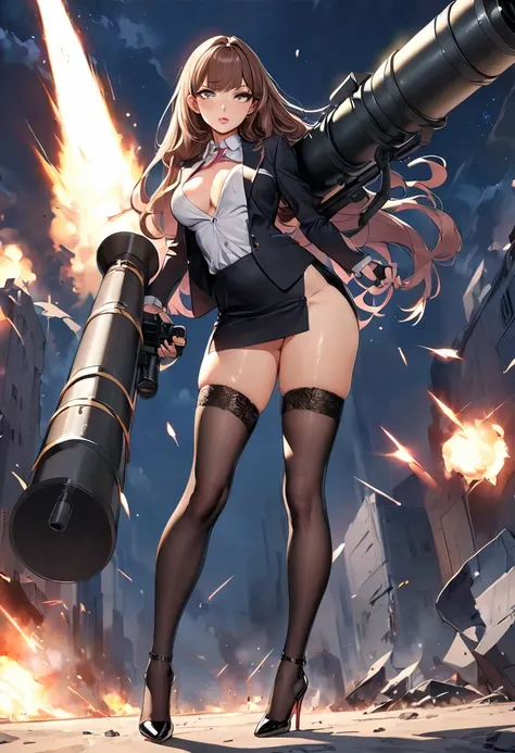 masterpiece、highest quality、Ultra-high resolution、Maximum resolution、Very detailed、Professional Lighting、anime、woman、thin、so beautiful、Sexy Suit、mini pencil skirt、Garter Stockings、High heels，holding a rocket launcher、Grey Eyes、Brown Hair、long hair、Fingerle...