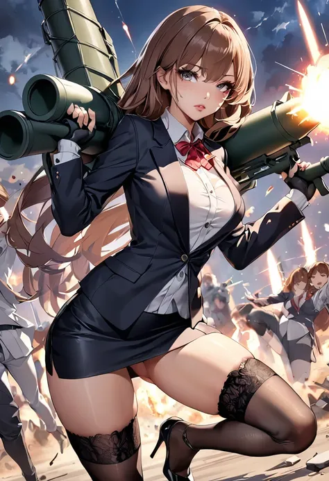 masterpiece、highest quality、Ultra-high resolution、Maximum resolution、Very detailed、Professional Lighting、anime、woman、thin、so beautiful、Sexy Suit、mini pencil skirt、Garter Stockings、High heels，holding a rocket launcher、Grey Eyes、Brown Hair、long hair、Fingerle...