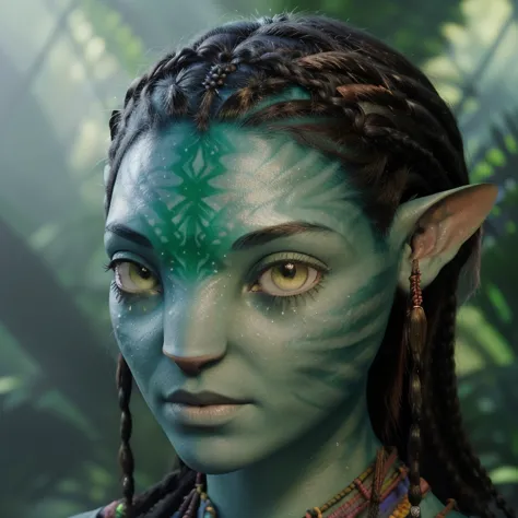 avatar style, (face portrait:1.6), naavi, 1girl, female, (silver eyes), (big eyes), ((eyebrowless)), pointy ears, (forest green ...