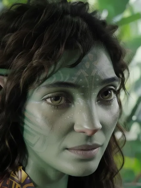 avatar style, (face portrait:1.6), naavi, 1girl, female, (silver eyes), (big eyes), ((eyebrowless)), pointy ears, (forest green ...