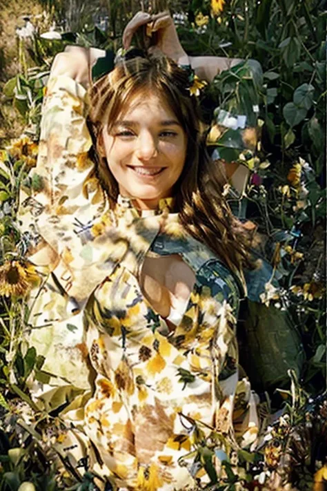 woman, 23yo, laying in a field of sunflowers, smiling happily