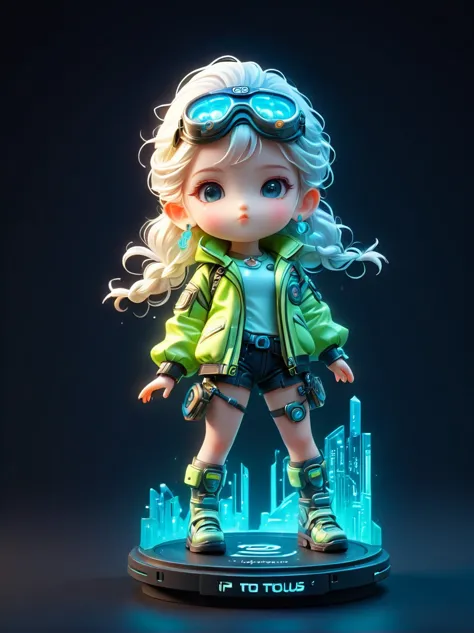 blind box,plastic toy,3D tous,IP model,A cute little girl of the world, white hair, tech goggles, a holo-glowing translucent jacket, Time travel device,a lot of decoration, precision mechanical parts, glossy materials, futuristic, cyberpunk,Pixar,resin mat...