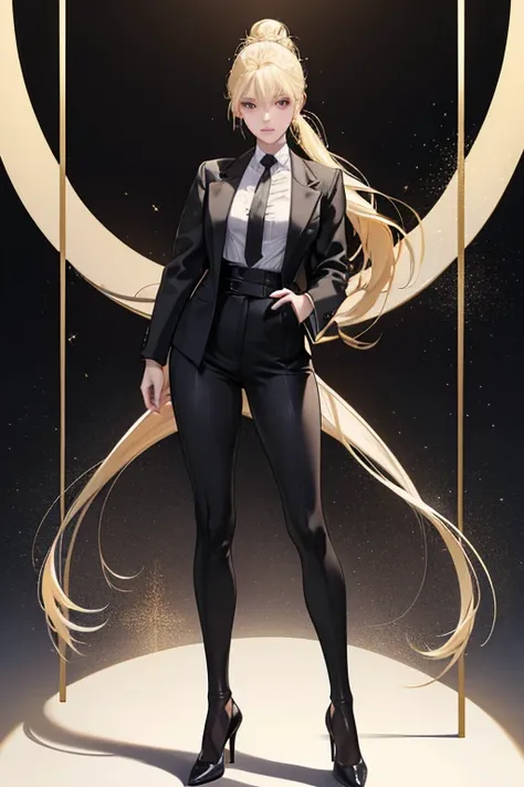 Yelena is a tall, pale-skinned woman with a long pointed nose, and dyed  blonde hair tied in a messy bun with long strands of hair framing her face. Her outfit is a black business suit jacket over a white button-up shirt, with a matching skirt, light black...