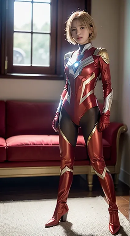 (Extreme Detail CG Unity 8K wallpaper, masterpiece, highest quality), (Exquisite lighting and shadow, highly dramatic picture, Cinematic lens effect), a girl in a bronze and red ultraman costume, blonde hair color, short hair style,  from the ultraman para...