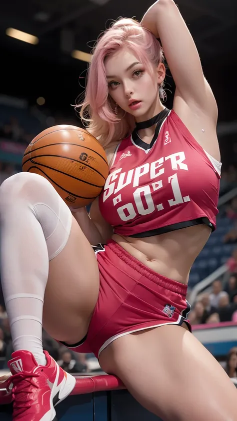 psychedelic world、 basketball uniform and basketball shorts 、cute cheerleader girl 、28 year old girls accentuated super huge eno...