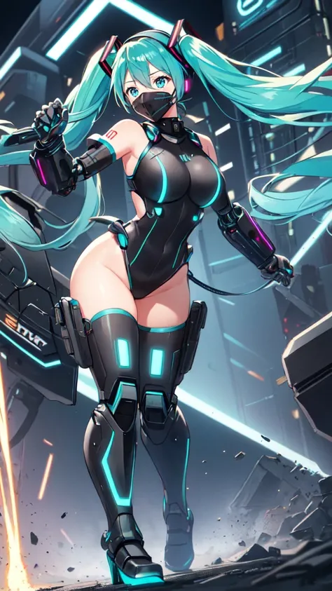 1girl, solo, (hatsune miku), big breasts, aqua hair, aqua eyes, twintails, heavy cybernetic boots, heavy cybernetic gauntlets, heavy cybernetic leotard, high heels, (heavy cybernetic visor:1.1), cybernetic face mask, cybernetic armor plating, mechanical pa...