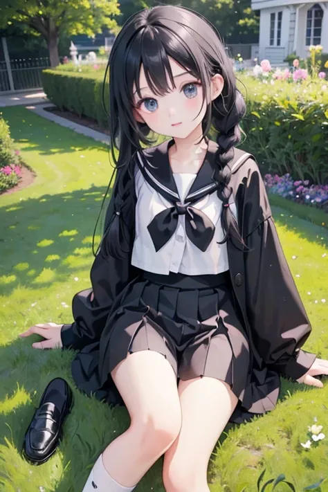 (8k, highest quality, Tabletop:1.2)、Ultra-high resolution、1 girl aged 13, Detailed face、black eye, Black Hair, Braid, White socks, Black Loafers, Black Sailor Suit, White panties, garden, Sitting on the grass