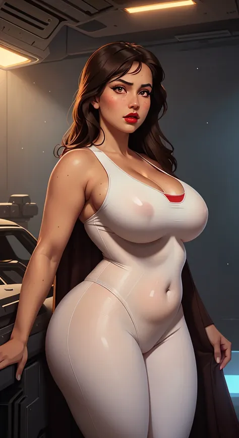 Rebecca Linares, perfect body, full body, big , big booty looking at the camera, brown eyes, hot thick red lips, parted lips, sensuality, lime and white swinsuit armored cyberpunk, correct deformed fingers, photorealistic, sharpened eyes, (((eyes to the ca...