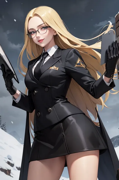 masterpiece, best quality, kolin, glasses, black shiny skirt suit, (((3-piece-suit))), tie, suit, suit, vest, tight skirt, snow,...