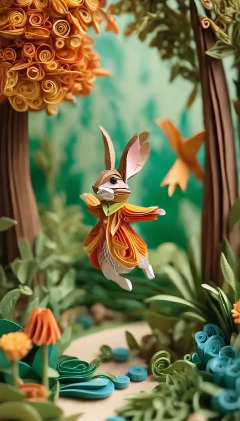 Paper quilling Peter Rabbit in the forest,Multidimensional origami stitch style illustration,Paper seam style snake, a small paper quilling bird is flying,