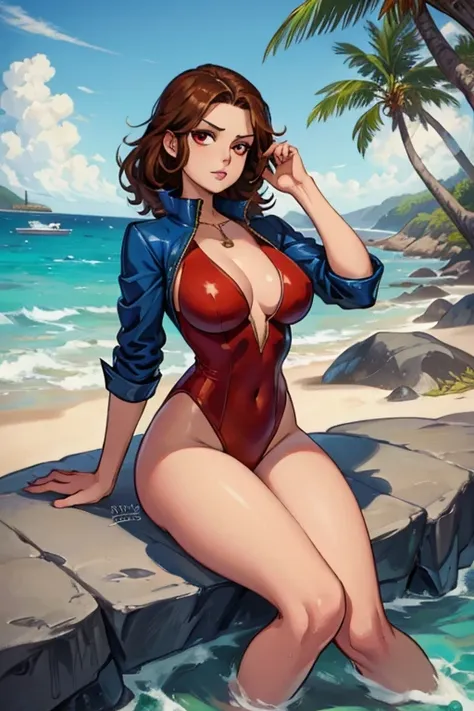 A brown haired woman with red eyes with an hourglass figure in a cute one piece suit is sitting on a rock at the beach