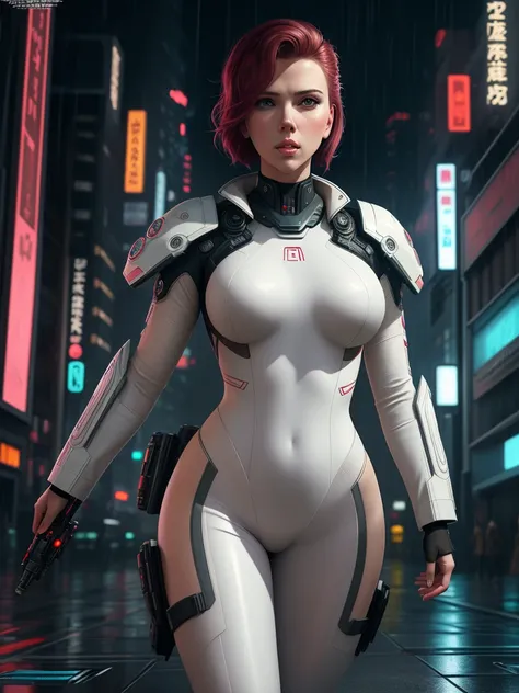 [Scarlett Johansson, Ghost in the Shell wearing a white bodysuit, standing in a city street in Heavy rain, Perfect eyes, Perfect Student] Realistic graphics, Heavy rain, best quality, Complex 3D rendering of ultra-fine and beautiful contours, Beautiful sho...