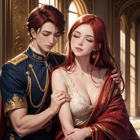 A girl with red hair and blue eyes, wearing noble clothes, with a gentle smile, in a Palace environment. (Eight years:1.8) [vibrant colors] [oil painting] [detailed background] [soft lighting] [high resolution] [elegant atmosphere] [beautifully detailed ey...