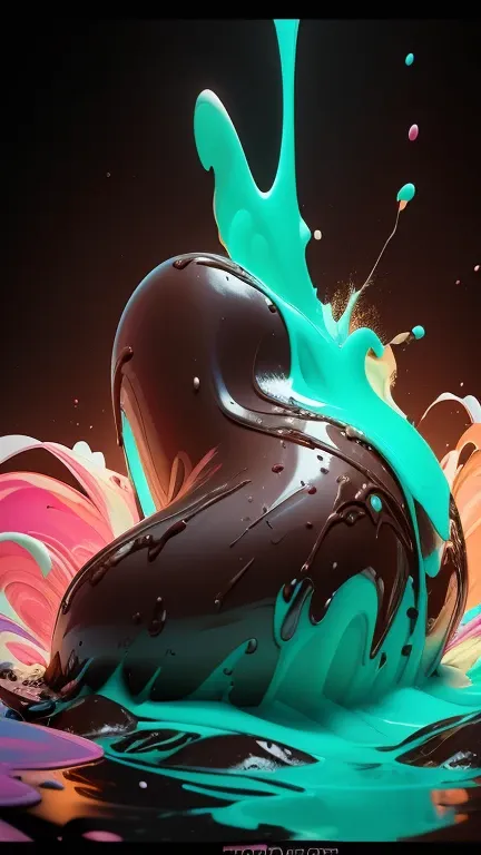 chocolate in packaging commercial photography, poderosa explosión de slime comes from the bottom of the shot in the image in a small stream and ends in the middle of the image in a large splash, paint splash, wet, artstation, by Lisa Frank, (cartoon, anime...