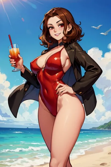 A brown haired woman with red eyes with an hourglass figure in a cute one piece suit is a smiling with a drink in her hand at the beach