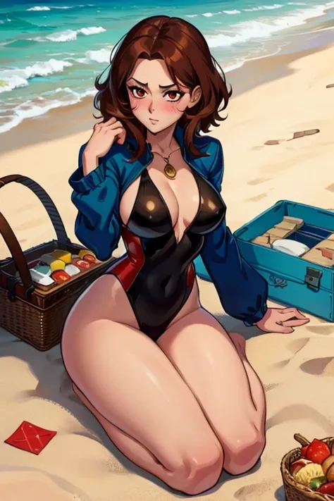 A brown haired woman with red eyes with an hourglass figure in a cute one piece suit is  picnicking at the beach with a blush