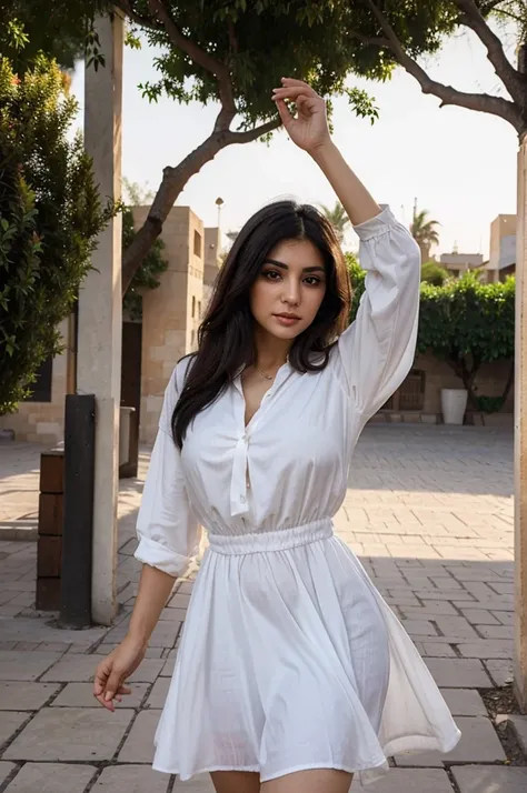 persian woman, 30 years old, in a blouse, dancing, dark hair, isfahan city, evening with sun still up, white dress, extremely realistic, extreme quality, beautiful face, vivid colors, charming