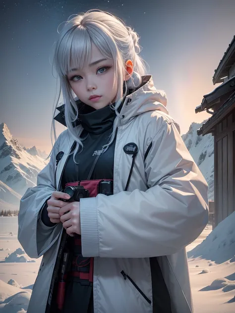 Model shooting style, (Extremely detailed CG Unity 8K wallpaper),Cyberpunk characters [有雾的Snow Mountain风景，Snow Mountain] Immerse yourself in the beautiful aurora，Living in the clouds of the starry sky，Behind the clouds，（Double contact：1.3），(The transparent...