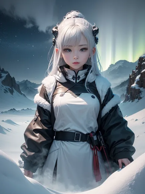 Model shooting style, (Extremely detailed CG Unity 8K wallpaper),Cyberpunk characters [有雾的Snow Mountain风景，Snow Mountain] Immerse yourself in the beautiful aurora，Living in the clouds of the starry sky，Behind the clouds，（Double contact：1.3），(The transparent...