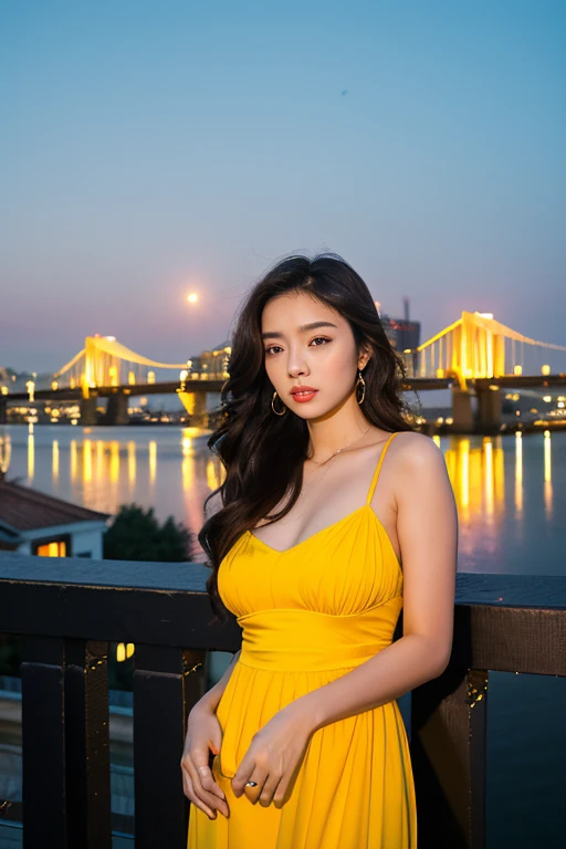 Realistic image of a beautiful young black woman, with long straight hair, wearing a yellow and sexy dress. In the background an illuminated city.

