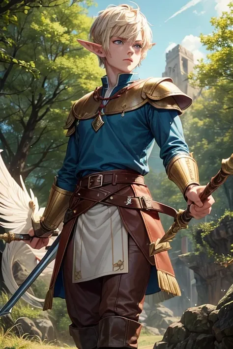 30 year old elf man with short blonde spiky hair, short messy hairstyle with fringes, pointed elf ears, light red medieval clothing, blue eyes holding a spear with, brown boots, brown leather belt, wing decorations on the belt, forest background with magic...