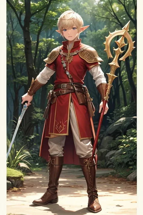 30 year old elf man with short blonde spiky hair, short messy hairstyle with fringes, pointed elf ears, light red medieval clothing, blue eyes holding a spear with, brown boots, brown leather belt, wing decorations on the belt, forest background with magic...