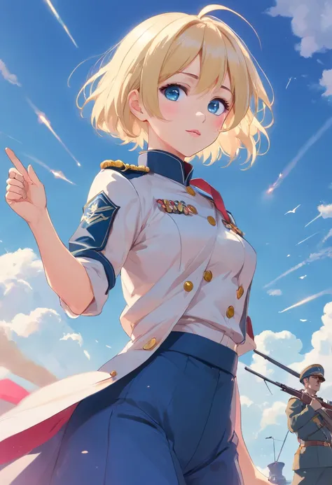 17 years old Women, ((Blonde)), ((Blue eyes)), ((Short hair)), ((whole body)), very detailed makeup, pale pink lipstick, Dressed in a military costume from the Franco-Prussian Wars, standing in a military salute position