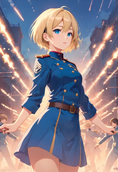 17 years old Women, ((Blonde)), ((Blue eyes)), ((Short hair)), ((whole body)), very detailed makeup, pale pink lipstick, Dressed in a military costume from the Franco-Prussian Wars, standing in a military salute position