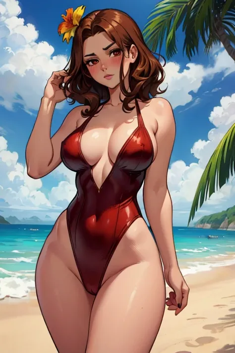 A brown haired woman with red eyes with an hourglass figure in a cute one piece suit is blushing with a tropical flower at the beach 