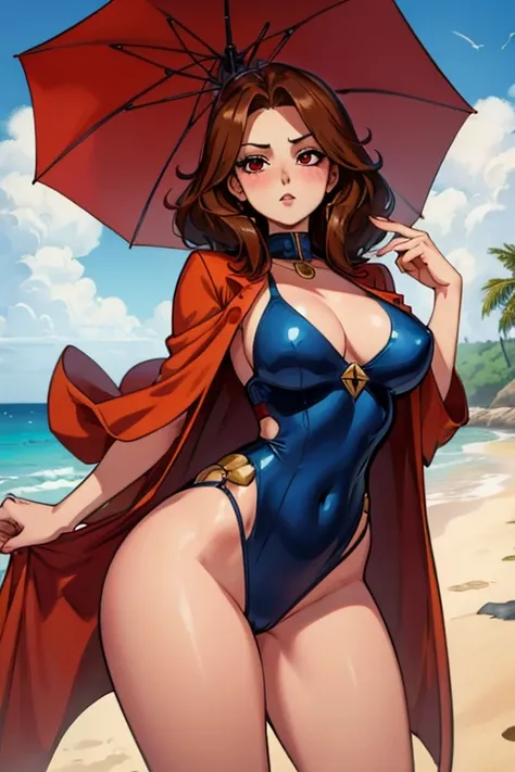 A brown haired woman with red eyes with an hourglass figure in a cute one piece suit is blushing underneath an umbrella at the beach