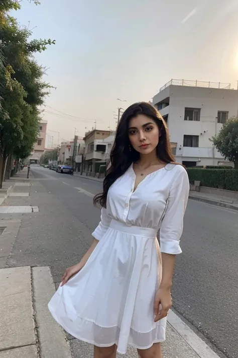 persian woman, 30 years old, in a blouse, dancing, dark hair, modern iran city, evening with sun still up, white dress, extremely realistic, extreme quality, beautiful face, vivid colors, charming, little makeup 