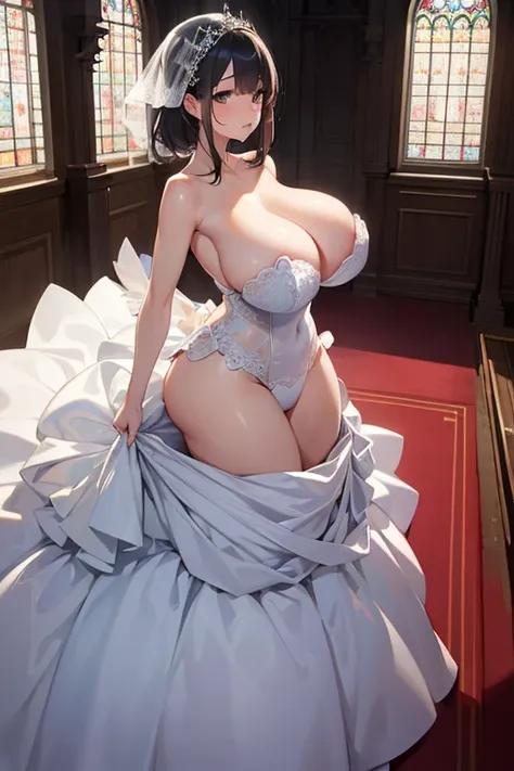 （highest quality、Highest quality、Perfect body、4K,Very popular gravure model、Beautiful woman with huge, prominent saggy breasts and a firm ass、、whole body）Very flashy（YUMI KATSURA long train wedding dress）、A deserted church at night,