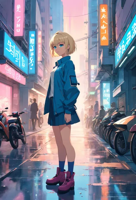 17 years old Women, ((Blonde)), ((Blue eyes)), ((Short hair)), ((Full shot)), very detailed makeup, pale pink lipstick, long earrings, cyberpunk style suite, and Stiletto boots, in street of a futuristic city standing in front of a bike, wet floor 