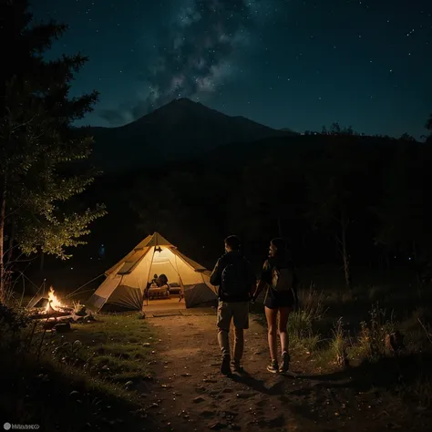 Genera una portada para una novela sobre un campamento con un chico y una chica caminando, que se vea misterioso de noche