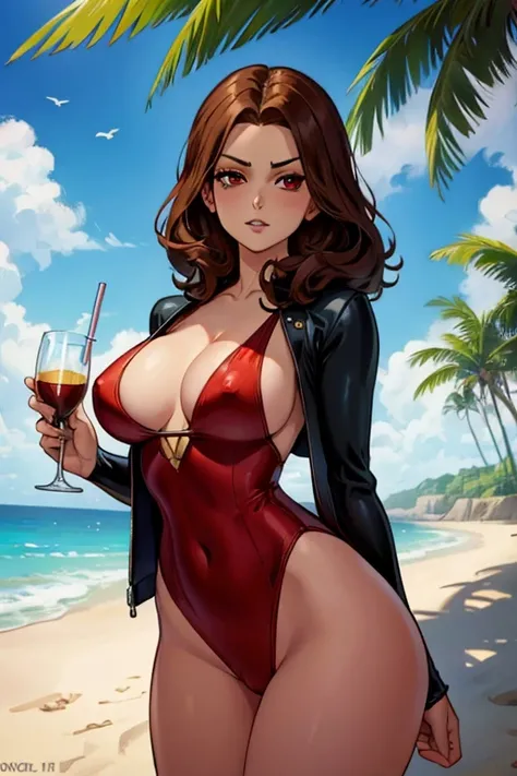 A brown haired woman with red eyes with an hourglass figure in a cute one piece suit is drinking at the beach