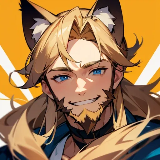 Brown blonde man with beard and blue eyes and cat ears on his head smiling showing teeth with pride