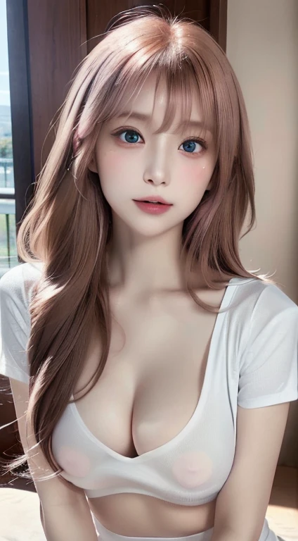 1 female,　28-year-old woman、Pink Hair, Blunt bangs, Hair behind the ear, Hair that falls over the shoulders, Long Hair, Ultra Fine Face, Embarrassed expression、Thin face, Sharp contours、Delicate lips, (Beautiful Eyes:1.5), Lightly reddish, (The eye color i...