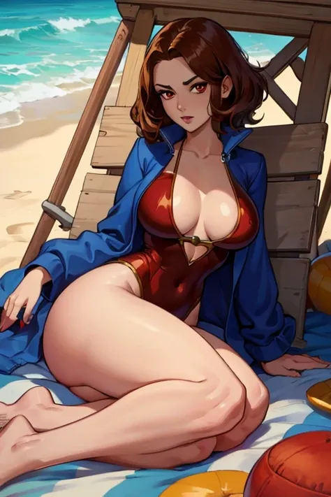 A brown haired woman with red eyes with an hourglass figure in a cute one piece suit is lounging at the beach