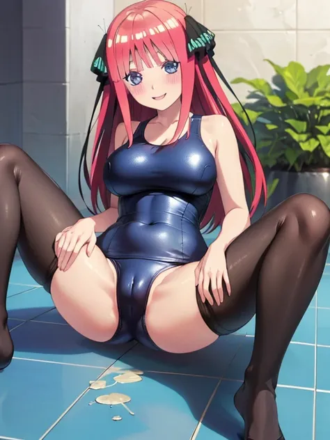 best quality, ultra-detailed masterpiece, anime art style, cute characters, nino nakano, one-piece swimsuit, large breasts, pantyhose, blush, smile, open legs, pussy focus