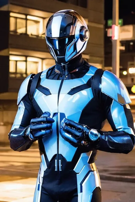 A man in a cybernetic suit, Image of a man wearing a cybernetic helmet fighting aliens in a city at night