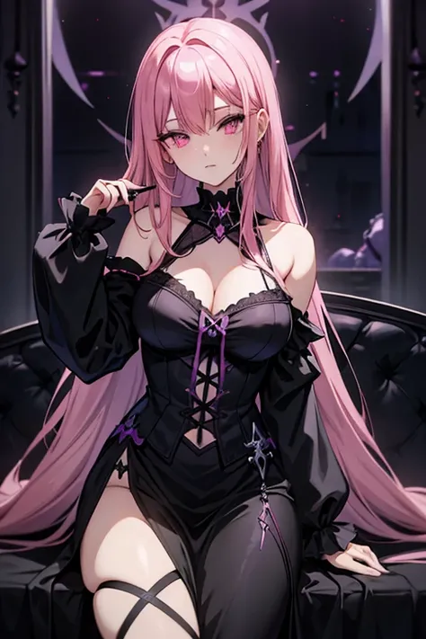 A pink haired female reaper with violet eyes with an hourglass figure in a black robe is posing on a gothic bed
