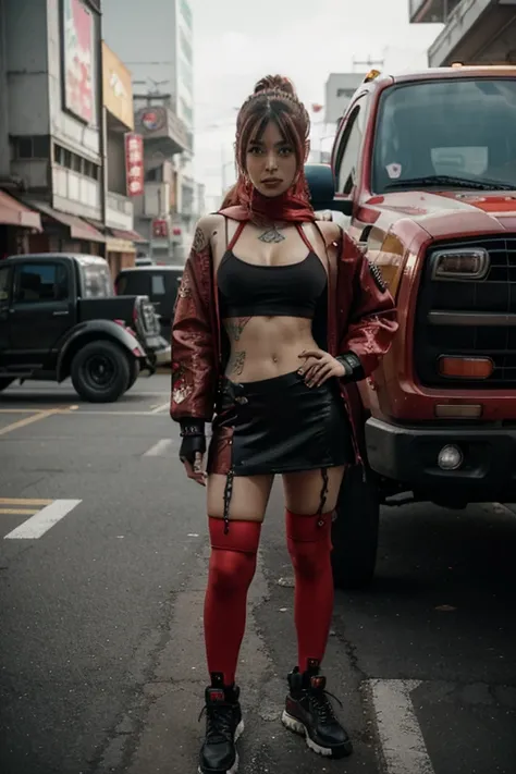 araffe woman in a red outfit standing next to a red truck, saiyan girl, anime girl cosplay, cyberpunk streetwear, wearing cyberpunk streetwear, hijab, girl with tattoos, anime thai girl, chinese girl, very beautiful cyberpunk samurai, korean girl, cyberpun...