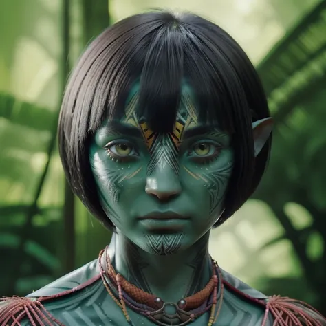 avatar style, (face portrait:1.6), naavi, 1girl, female, (silver eyes), (big eyes), ((eyebrowless)), pointy ears, (forest green ...