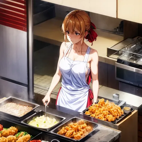 A woman with a towel wrapped around her head preparing a large amount of tempura in the kitchen of a Japanese restaurant　highest quality　Wearing an apron