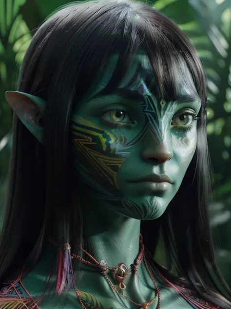 avatar style, (face portrait:1.6), naavi, 1girl, female, (silver eyes), (big eyes), ((eyebrowless)), pointy ears, (forest green ...