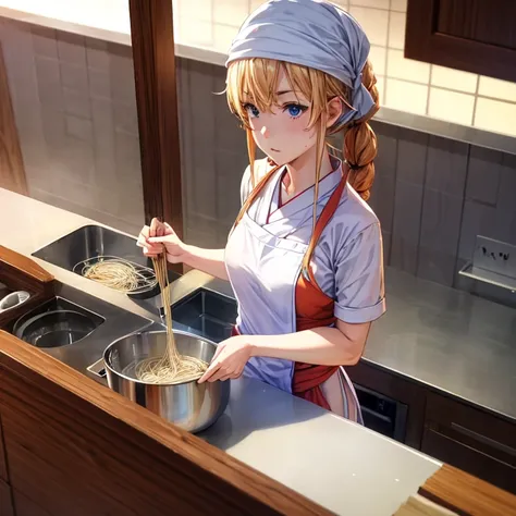 With a towel wrapped around my head in the kitchen of a Japanese restaurant､A blonde woman making soba noodles　highest quality　Wearing an apron